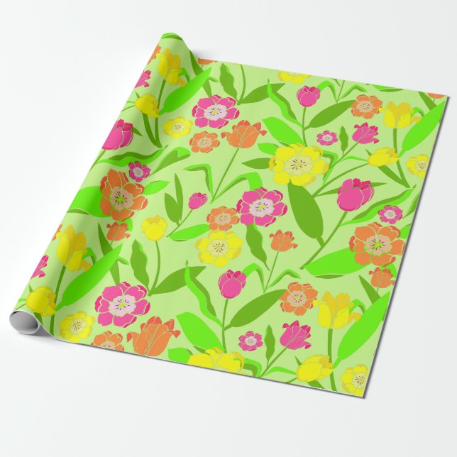 Papier Cadeau Joli motif floral, tulipes et fleurs (Déroulé)