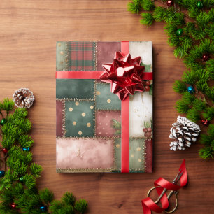Papier Cadeau Joli motif patchwork de Noël moderne en or