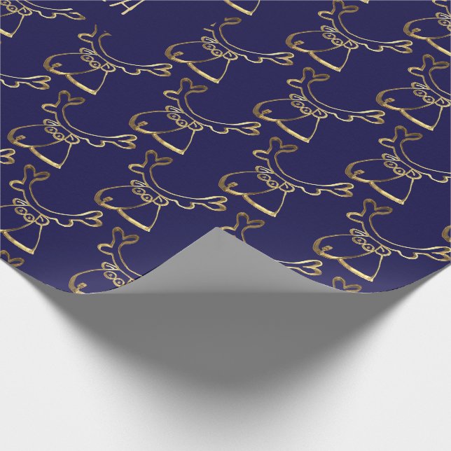 Papier Cadeau Joli Motif Reindeer Faux Gold Bleu Noël (Coin)