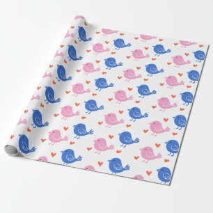 Papier Cadeau Joli motif répétitif d'oiseau bleu rose Cœur Amour
