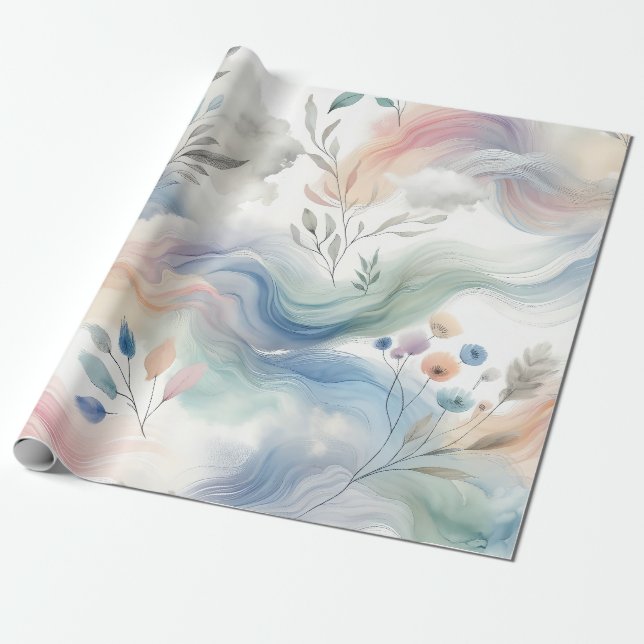 Papier Cadeau Joli motifs floraux Pastel Aquarelle (Déroulé)