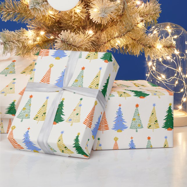 Papier Cadeau Joli Noël Arbres Rouge Vert Boho (Vacances)