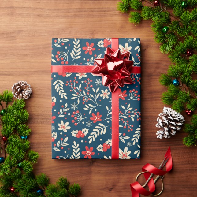 Papier Cadeau Joli Noël Holly Mistletoe Floral Rouge Bleu (Cadeau de vacances)