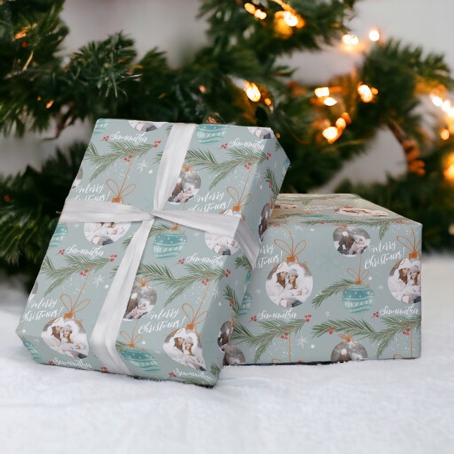 Papier Cadeau Joli Noël illustration nom 2 photos (Cute merry Christmas illustration name 2 photos Wrapping Pape)