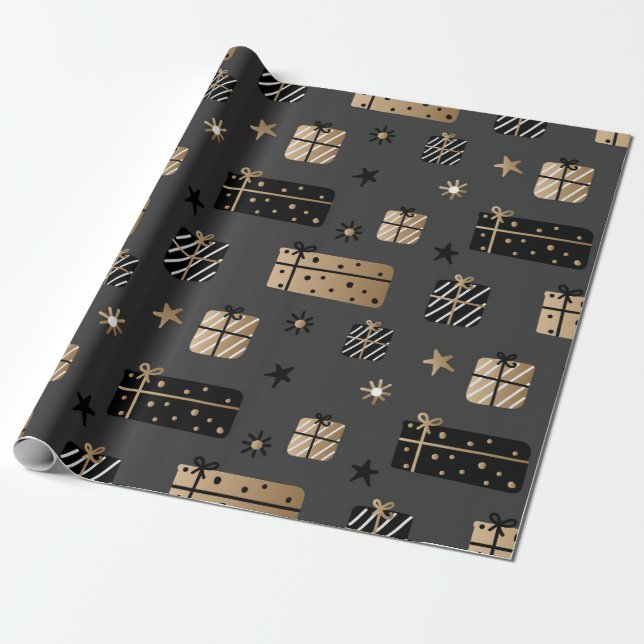Papier Cadeau Joli Noël Noir/Or/Motif Blanc (Déroulé)