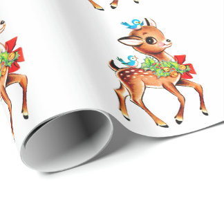 Papier Cadeau Joli Noël Rouge Bow Green Holly Reindeer
