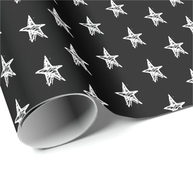 Papier Cadeau Joli noir et blanc dessiné à la main Stars motif (Coin rond)