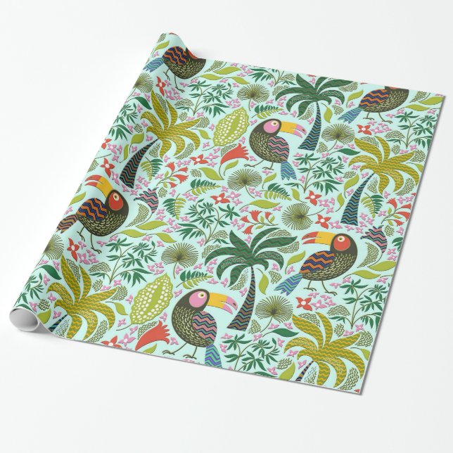 Papier Cadeau Joli Oiseaux Exotiques Colorés Et Fleurs Motif (Déroulé)