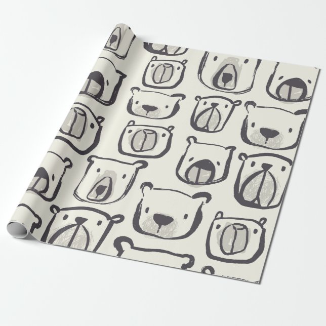 Papier Cadeau Joli ours visage dessiné à la main gribouillis ill (Déroulé)