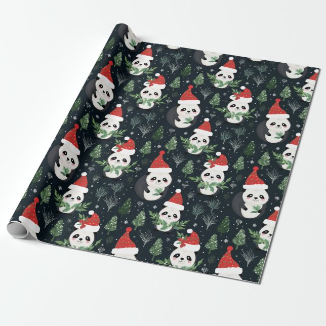 Papier Cadeau Joli Panda Père Noël motif de vacances hiver (Déroulé)