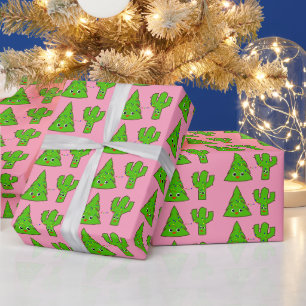 Papier Cadeau Joli Pastel rose Noël Arbre Cactus drôle Noël