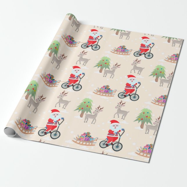 Papier Cadeau Joli Père Noël à vélo Motif de Noël (Déroulé)