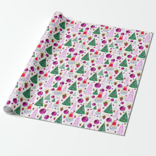 Papier Cadeau Joli Père Noël et arbres de Noël Motif aquarelle