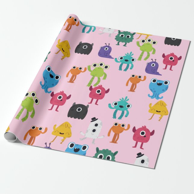 Papier Cadeau Joli Petit Monstres coloré Motif (Déroulé)