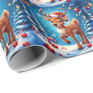 Papier Cadeau Joli petit renne Noël chapeau de Père Noël hiver
