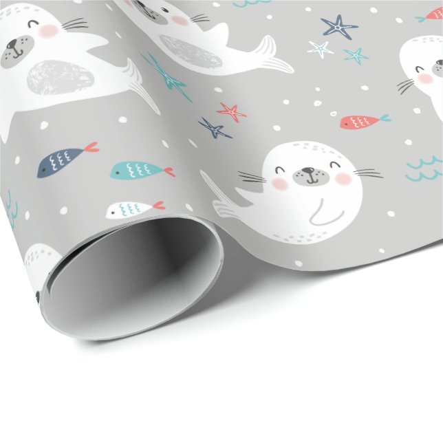 Papier Cadeau Joli phoques gris clair (Coin rond)