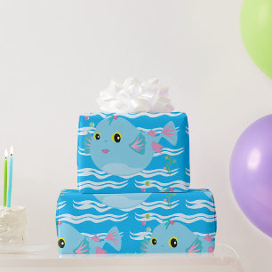 Papier Cadeau Joli Poisson Tropical Bleu Nageoires Roses