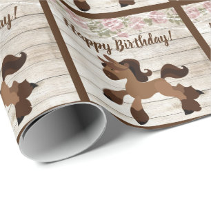 Papier Cadeau Joli Poney Brown, Roses et Lumières Horse Annivers