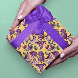 Papier Cadeau Joli rétro vintage violet jaune gnome motif casque