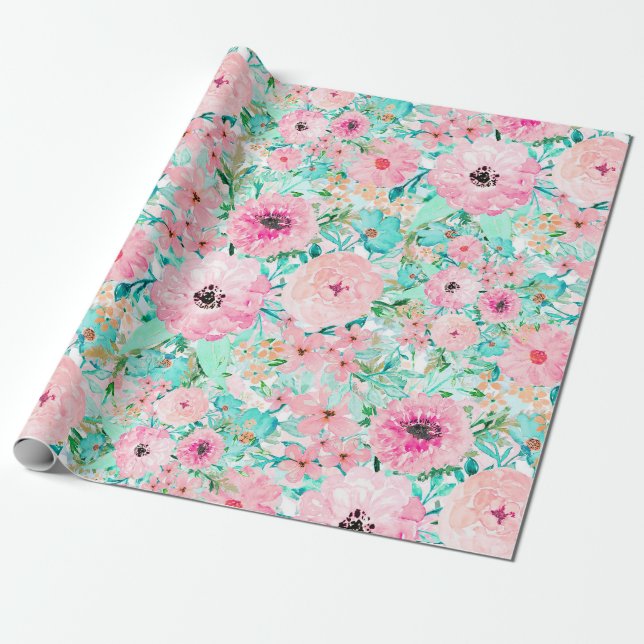 Papier Cadeau Joli rose et menthe Floral aquarelle Peinture à la (Déroulé)