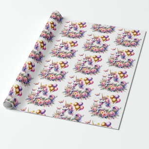 Papier Cadeau Joli rose, violet et or Unicorne Anniversaire Part