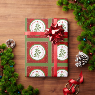 Papier Cadeau Joli sapin de Noël et fond rouge