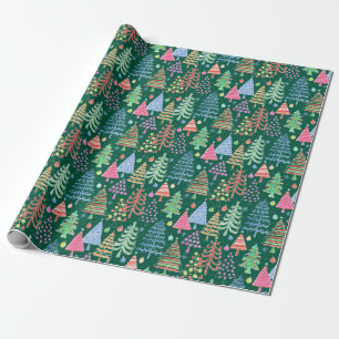 Papier Cadeau Joli sapin de Noël Motif vert bleu rose rouge