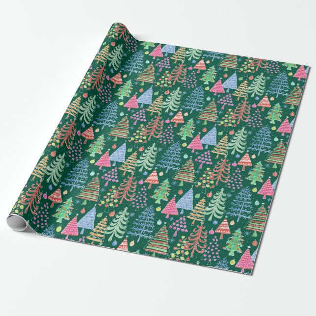 Papier Cadeau Joli sapin de Noël Motif vert bleu rose rouge (Déroulé)