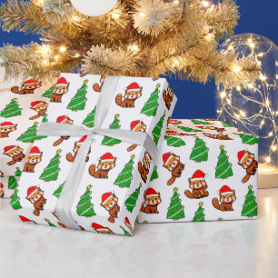 Papier Cadeau Joli sapin de Noël Panda rouge chapeau de Santa