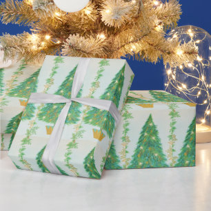 Papier Cadeau Joli sapin de Noël rétro or blanc étoiles