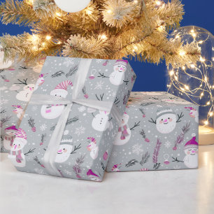 Papier Cadeau Joli Snowmen Snowflakes Green Christmas