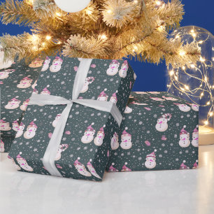 Papier Cadeau Joli Snowmen Snowflakes Green Christmas