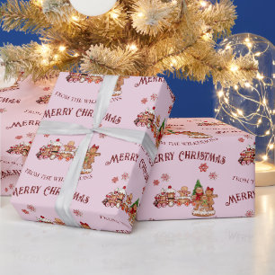 Papier Cadeau Joli Train en Pain d'Épice et Famille Rose Noël