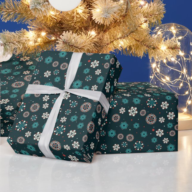 Papier Cadeau Joli Turquoise Aqua Rouge Blanc Scandinave Snowfla (Vacances)