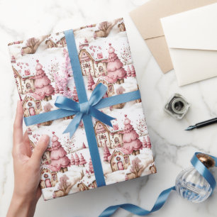 Papier Cadeau Joli Village de Noël Whimsical Rose neige