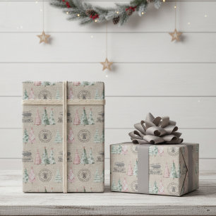 Papier Cadeau Joli Vintage Burlap Timbre Noël Arbre Motif