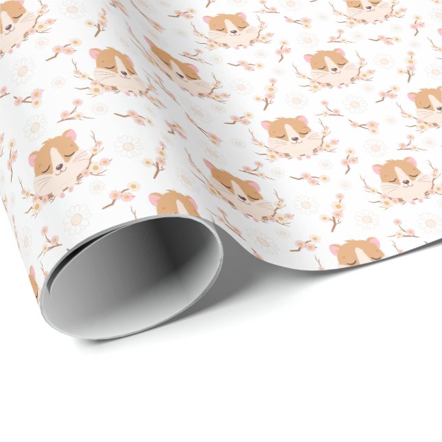 Papier Cadeau Joli visage Hamster et Motif de fleurs roses (Coin rond)