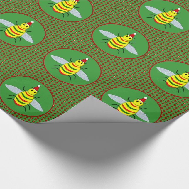 Papier Cadeau Jolie abeille de Noël et fleurs de Poinsettia (Coin)