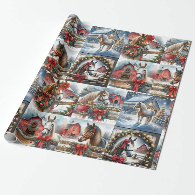 Papier Cadeau Jolie aquarelle Chevaux festifs Noël (Déroulé)