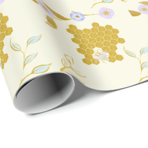 Papier Cadeau Jolie Aquarelle Fleur de Miel Doré Beehive