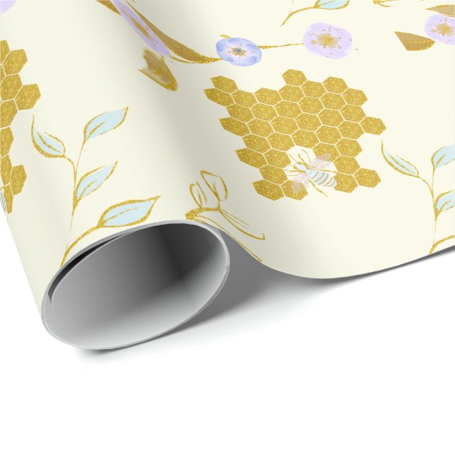 Papier Cadeau Jolie Aquarelle Fleur de Miel Doré Beehive (Coin rond)