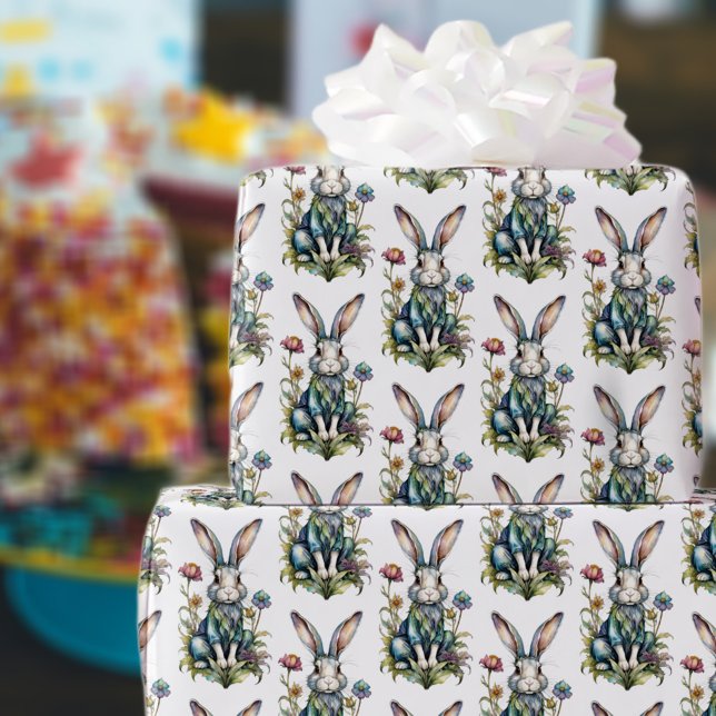 Papier Cadeau Jolie Aquarelle Lapin Floral Pâques (Créateur téléchargé)