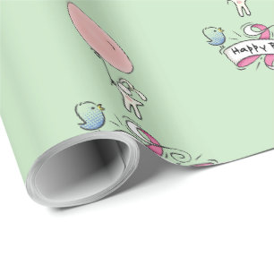 Papier Cadeau Jolie Bunny tenant un ballon Joyeux anniversaire