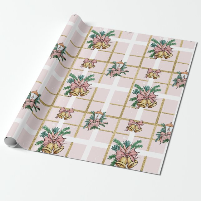 Papier Cadeau Jolie cloches de Noël rose (Déroulé)
