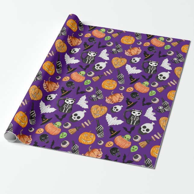 Papier Cadeau Jolie couleur Éffrayant Trick ou traiter Halloween (Déroulé)