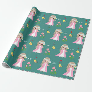 Papier Cadeau Jolie fée elfe et fleurs sur sarcelle