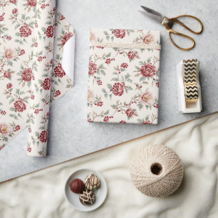 Papier Cadeau Jolie Fête d'anniversaire Florale Crème Rouge Chic