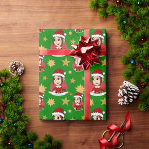 Papier Cadeau Jolie fille de Noël aux cheveux bruns
