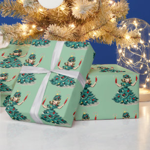 Papier Cadeau Jolie fille en sapin de Noël rétro vintage