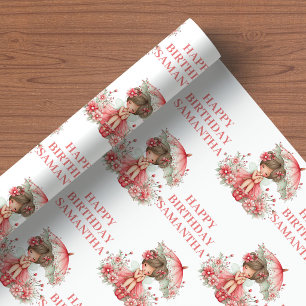 Papier Cadeau Jolie Fille Fée 2ème Anniversaire Floral Rose emba